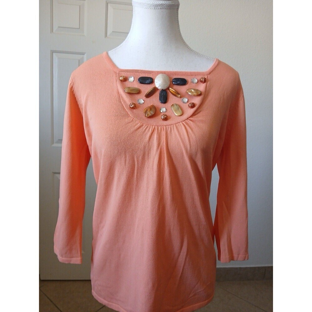 Joseph A. Womens Peach Stretch Shirt Top Rhinestone Solid‎  3/4 Sleeve Large